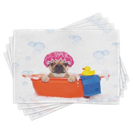 Ambesonne Dog Lover Place Mats Set of 4, French Bulldog Having a Bath in Tub Rubber Duck Theme on Bubbles Background, Washable Fabric Placemats for Dining Table, Standard Size, Multicolor