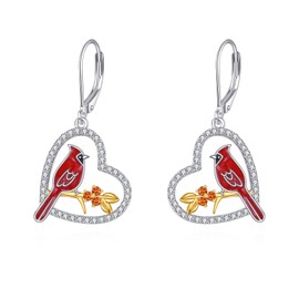 POPLYKE Red Cardinal Earrings for Women 925 Sterling Silver Cardinal Bird Dangle Leverback Earrings Cardinals Jewelry for Women