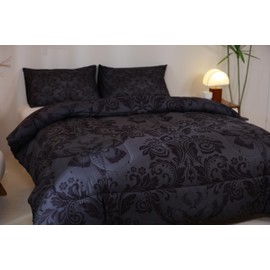 Feelyou Adults Gothic Comforter Set King Size Dark Olive Green Damask Comforter Death Moth Bohemia Boho Bedding Set Goth Skull Duvet Set Vintage Victorian Baroque Floral Quilt Set 3Pcs