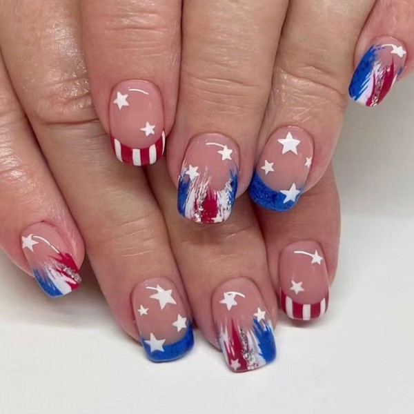 4th of July Press on Nails Square Short Fake Nails