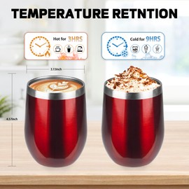 StarSpeed 12oz/6 Pack Wine Tumbler with lid, Stainless Steel Travel Mugs Stemless Double Wall Insulated Coffee Cup, Insulated Wine Glasses Travel Tumbler for Cold & Hot Drinks(Transparent Red, 6)