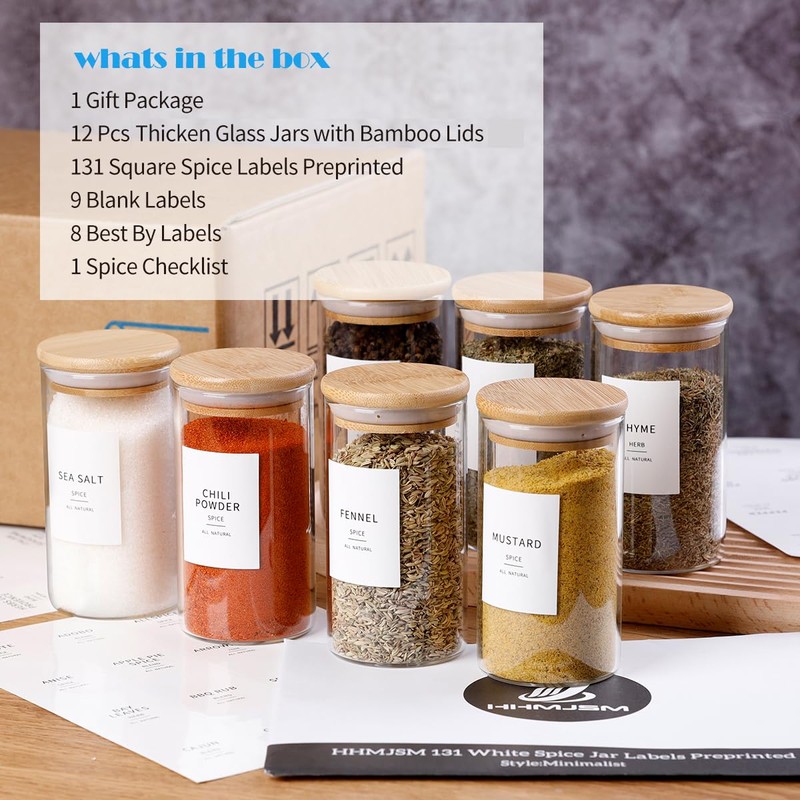 12 Pcs Glass Spice Jars With Bamboo Airtight Lids, 10oz