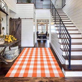 Fall Orange and White Plaid Rugs, 4'x6' Area Rug Outdoor Indoor Front Porch Doormat Cotton Hand-Woven Layered Door Mats for Entryway Patio Laundry Bedroom Living Room