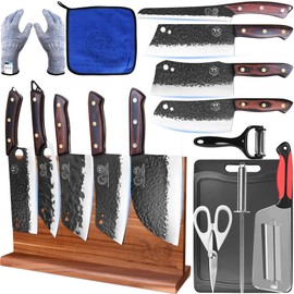 XYJ 9PCS Kitchen Knives Set with Magnetic Knife Block, Honing Steel, Scissors, Cutting Board, Gloves, High Carbon Steel Blades, Full Tang, Wood Handle