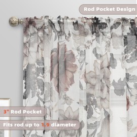 DriftAway - Cortinas transparentes florales para sala de estar, cortinas transparentes con estampado de flores marrones, cortinas transparentes para filtrar la luz para recámara, 96 pulgadas de largo,