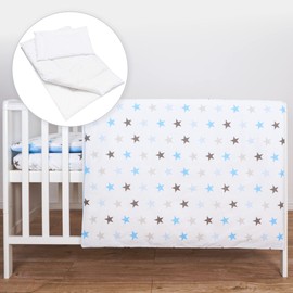 5 Piece Bedding Set Duvet Pillow with Covers & Cotton Sheet for 140x70 cm Baby Cot Bed (Stars Blue)
