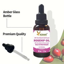 100% Pure Natural Organic Cold Pressed Rosehip Oil for Face. Natural Moisturiser Carrier oil for Skin, Hair and Nail. KOSHER & VEGAN Certified. 30 ml