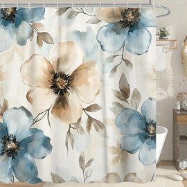 Dizifinn Floral Shower Curtain for Bathroom, Cream Tan Beige Blue Grey White Watercolor Flower Fabric Shower Curtain, Vintage Farmhouse Flower Shower Curtain Sets, with Hooks 72x72 Inch