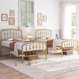 Yaheetech 2pcs Twin Bed Frames Metal Platform Bed with Victorian Style Iron Headboard and Footboard/Easy Assembly/No Box Spring Needed/Antique Gold Twin Bed