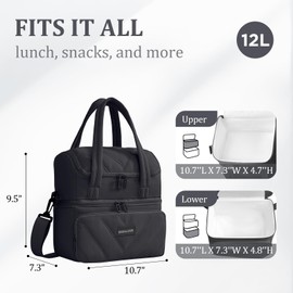 Lunch Box for Women 12L Double Deck Insulated Lunch Bag with Straps Black