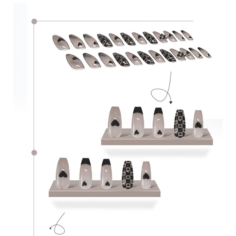 Set of 24 Nail Tips, High Quality Lady, Black Pattern,