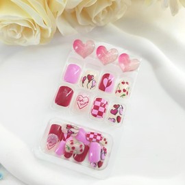 Valentine's Day Press on Nails Short Square Fake Nails Press ons with Hearts Cherry Balloons Design Lattice Glue on Nails Red False Nails Valentines Artificial Stick on Nails for Women 24 Pcs