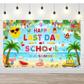 AIBIIN Happy Last Day of School Summer Graduation Backdrop End of School Year Theme Backdrop Hello Summer Beach Theme Preschool Kindergarten Graduation Party Decoration 6x3.6ft