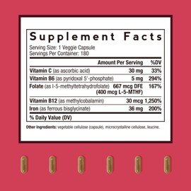 Doctor's Recipes Iron Supplement for Women Men - Gentle Iron Bisglycinate with Vitamin C, B6, Folate & B12 - Non-Constipating & Stomach Friendly Iron Pills, 180 Vegan Caps