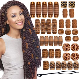 50PCS Wooden Hair Jewelry for Braids, Wooden Hair Tube Beads Locs Dreadlock Accessories Hair Tube Hair Cuffs DIY Braid Clips for Hip Hop Style