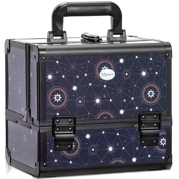 Joligrace Makeup Train Case Cosmetic Organizer Box Lockable with 3 Trays and a Brush Holder Pattern Collection - Star Chart