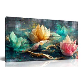 GUGIKA GUGIKA Lotus Flower Wall Art for Living Room, Floral Canvas Wall Decor for Bedroom, Teal Vintage Print Painting, Colorful Artwork for Home, Aesthetic Picture Decoration, Size 40x20