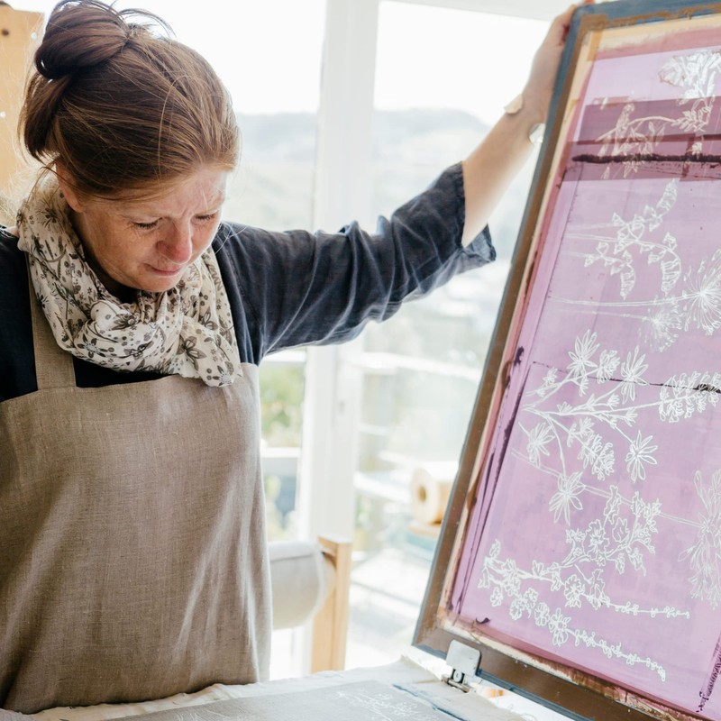 Mustard Linen Tea Towel, hand printed with hedgerow flowers. This