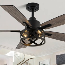 Dawn Whisper 52 Inch Farmhouse Ceiling Fans with Lights and Remote Quiet and Reversible DC Motor Black Caged Ceiling Fan for Bedroom Living Room Covered Patio