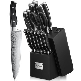 D.Perlla Knife Set, 14 PCS Stainless Steel Kitchen Knives Block Set with Built-in Sharpener, White - Color: Black