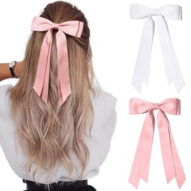 2PCS Silky Satin Hair Bows Hair Clip Pink White Hair Ribbon Ponytail Holder Accessories Slides Metal Clips Hair Bow for Women Girls Toddlers Teens Kids
