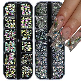 ROFIBUT 2 Boxes Shiny Silver Nail Art Charms Flat Back AB Silver Gems Round Crystal Rhinestones for Crafts, Multiple Shaped Clear Nails Art Design Nail Jewelry for DIY Crafts Nail Art Decoration