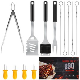 14 PCS Grill Accessories Kit, Stainless Steel Grill Tools with 4-in-1 BBQ Spatula, Grill Fork, Grill Tong, Grill Grush, 17-in Long Skewers, Silicone Corn Holders, Grilling Gift Set for Men and Women
