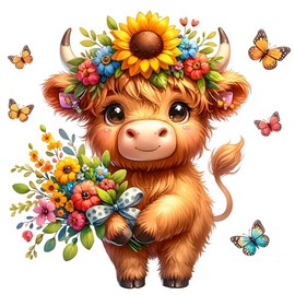 Fabric Panel 14"x14" Spring Highland Cow 100% Cotton Quilting Panel Square L894