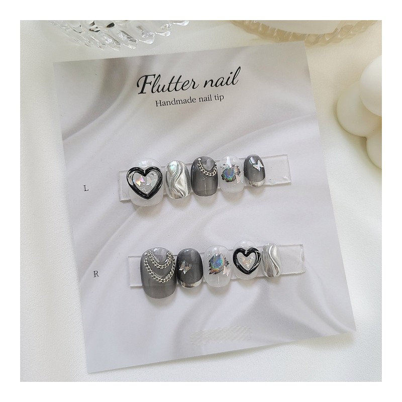Metal Heart Handmade Nail Tips - Short Oval / 메탈하트