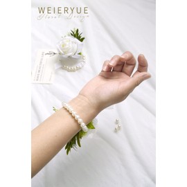 WEIERYUE WEIERYUE White Rose Wrist Flowers and Men's Corsage Wedding Flowers Ceremony,2Pcs Boutonniere Buttonholes and Wrist Corsage Wristband Roses Wrist Corsage(White Rose Set)