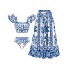 FLAXMAKER Ruffle Porcelain Pattern Majolica Print Back Elastic Band Bikini