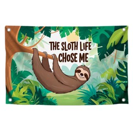 3x5 Feet Funny Animals Flag "The Sloth Life Chose Me" with 4 Brass Grommets - Banner Depicting a Sloth Hanging From a Tree in The Jungle - Polyester Flags for Wall Decoration Outdoor or Indoor