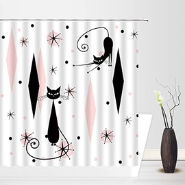 Abstract Mid Century Modern Shower Curtain Pink Black Retro Diamonds Starbursts Cute Cat Geometric 1950s 1960s Vintage Bathroom Decor Fabric Curtain with Hooks