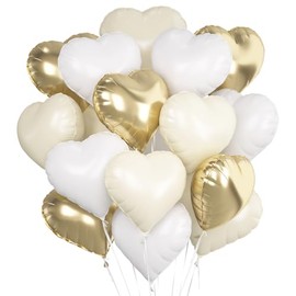 Heart Foil Balloons, Pack of 24, White, Cream White, Light Gold, Heart Helium Balloons, Helium Balloon Hearts, Heart Balloons, Heart Shape Foil Balloon, Heart Balloons for Birthday, Wedding