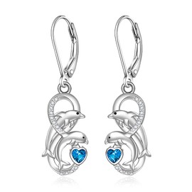 Dolphin Earrings for Women Sterling Silver Infinity Summer Dolphins Dangle Earrings Blue Heart Cute Ocean Animal Nautical Jewelry Christmas Gift