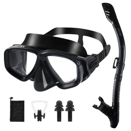 HIKOTEY Adult Snorkel Set, Diving Goggles, Snorkelling Adult Set with Panoramic Wide View Diving Mask, Anti-Leak Snorkel Mask for Snorkelling, Swimming and Diving (Black)
