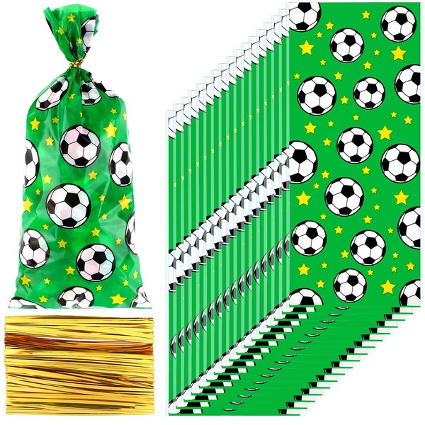 100 Pieces Soccer Treat Bags Soccer Cellophane Bags Soccer Party Bags Soccer Goody Treat Bags with 200 Pieces Gold Twist Ties for Soccer Party Favors(Green,Star Style)