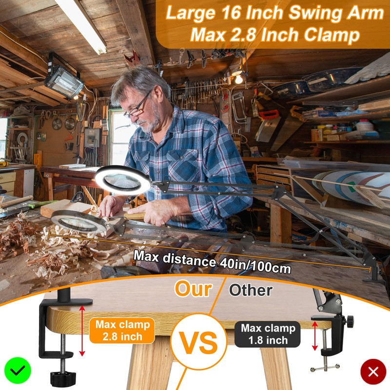 12X Large Magnifying Glass with Light and Clamp, Real Glass,