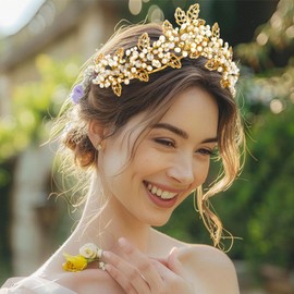 Zoestar Wedding Crowns and Tiaras Gold Leaf Crown Headband Pearl Tiara Headpiece Bridal Beaded Headwear for Women