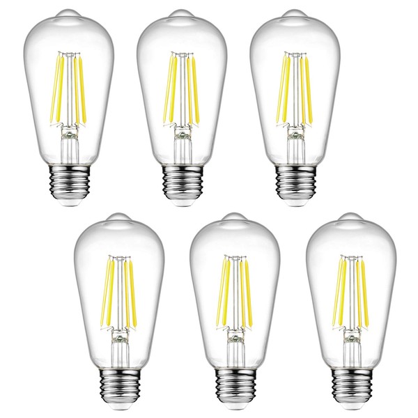 Dimmable Ascher Vintage LED Edison Bulbs, 6W, Equivalent 60W, Bright Daylight White 4000K, 80+ CRI, ST58 Antique LED Filament Bulbs, E26 Medium Base, Clear Glass, 6 Count (Pack of 1