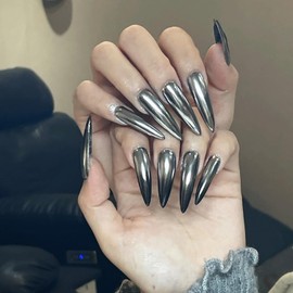 24 Pcs Silver Punk Metallic Press on Nails Long Chrome Fake Nails Full Cover False Nails Acrylic Nail Tips Stiletto Nails Press ons Summer Glossy Glue on Nails for Women Girls