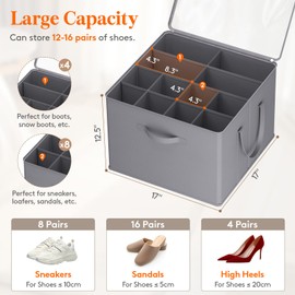 Lifewit Shoe Storage Organizer for Closet, Fabric Large Shoe Box Storage Containers with Clear Cover, Foldable Bins for Boots Heels Sneakers Fits 24-32 Pairs (Each 12-16 Pairs) 2 Pack Gray