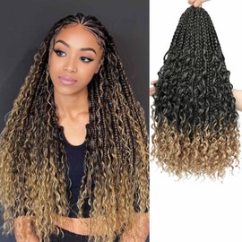 Goddess Box Braids Crochet Hair 18 Inch 8 Packs Pre Looped Boho Crochet Box Braids with Curly Ends Bohomian Braid Crochet Hair for Black Women (T27, 18 Inch)