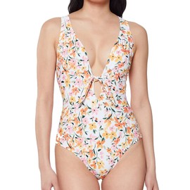 Jessica Simpson Traje de baño estándar de una Pieza con Cuello en V para Mujer, Sunset Multi, 12-14
