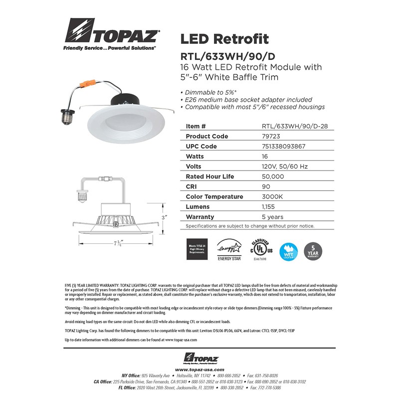 Topaz Lighting 79723 LED Recessed Retrofit Trim, 5"-6" Baffle, White,