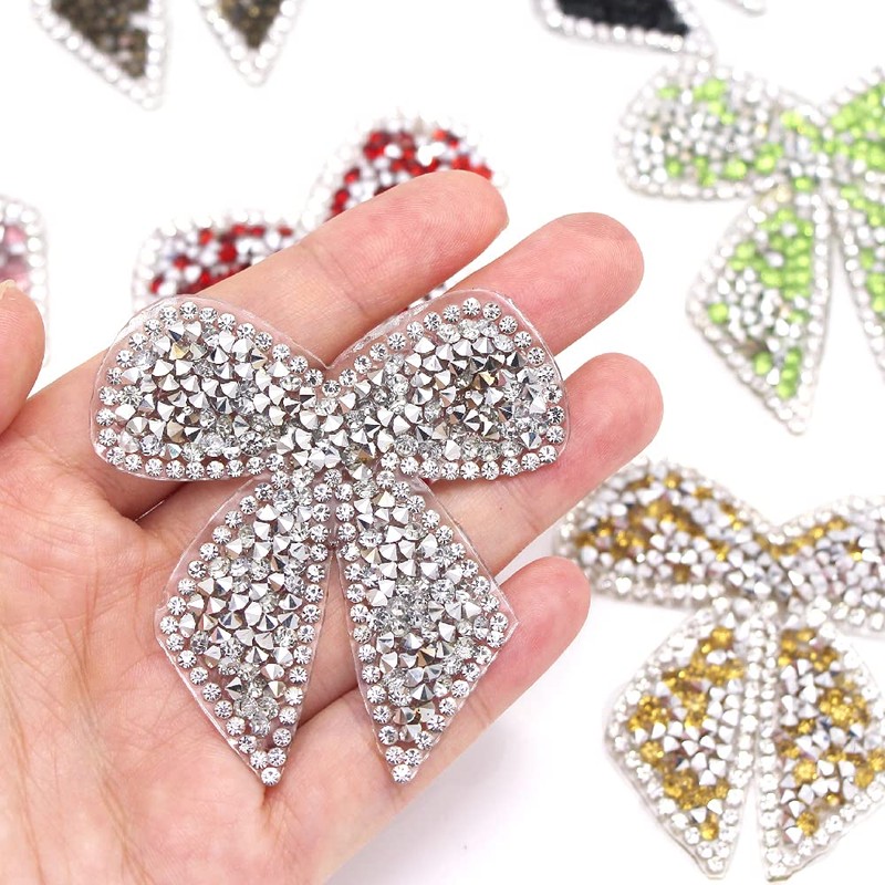 JKJF Bow Rhinestone Patches Glitter Bow Sew-On Rhinestone Iron-On Appliqué