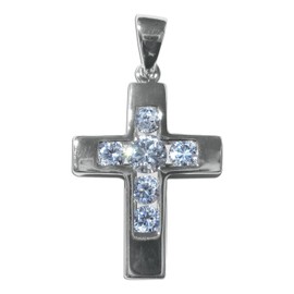 PRECIOUS STARS Sterling Silver 925 Channel-set Cubic Zirconia Roman Cross Religious Pendant