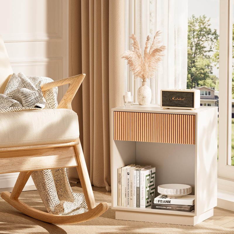 Fluted Nightstands Set of 2, Night Stand with Charging Station,
