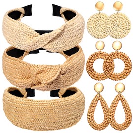 PHALIN 3Pack Rattan Headbands Wide Straw Knotted Headbands for Women Bohemia Woven Raffia Headwear with 3 Pairs Rattan Earrings Summer Beach Holiday Hair Accessory (3PCS+3Pairs)