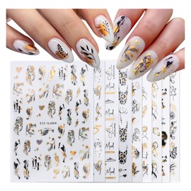 11 Sheets 3D Black Gold Line Nail Art Stickers, Graffiti Series Nail Stickers, Nail Decals Abstract Face Leaf Flower Butterfly Cactus Geometry Leopard Design Nail Sticker for Women Girls DIY Decoration
